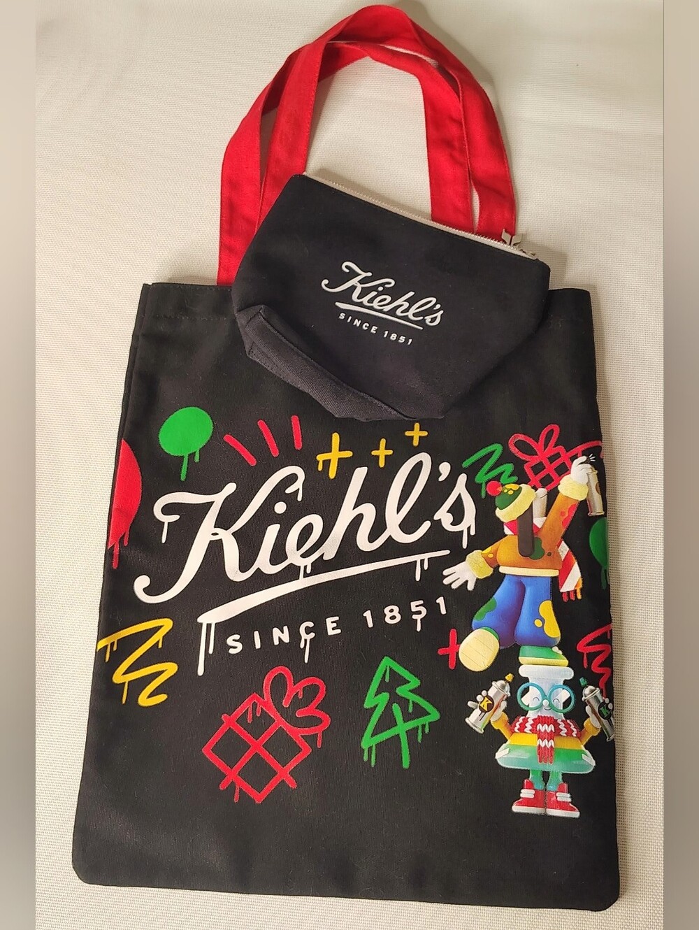 FREE w/ Purchase Kiehl's Black Graphic Tote Bag w/ Makeup Bag Case